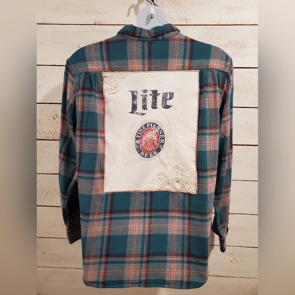 Old Navy Tops - Upcycled / Recycled Flannel Shirt With Lite Beer Patch